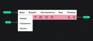 Первая часть элемента — строка меню с ролью menubar. Она состоит из нескольких пунктов с видимыми текстовыми названиями. У первого пункта развёрнуто подменю с ролью menu. Под строкой меню находится тулбар с ролью toolbar. В нём собраны команды для выбора шрифта, выравнивания текста, проверки орфографии и поиска.