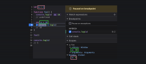 Дебаггер, JavaScript выполнил строку с инициализацией локальной переменной.